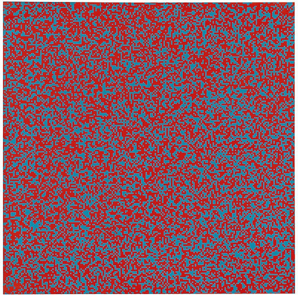 François Morellet, Répartition aléatoire de 40.000 carrés suivant les chiffres pairs et impairs d'un annuaire de téléphone (50% rouge clair 50% bleu clair), 1962