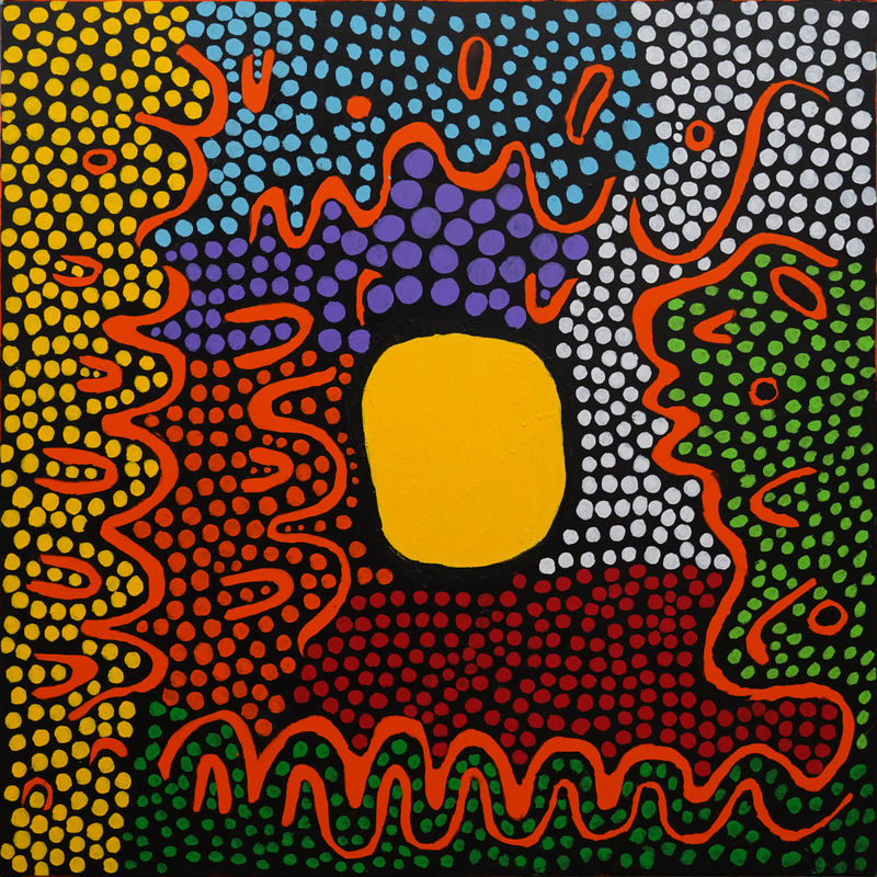 Yayoi Kusama AMIDST THE AGONY OF FLOWERS, THE PRESENT NEVER ENDS AT THE STAIRS TO HEAVEN, MY HEART EXPIRES IN THEIR TENDERNESS CALLING FROM THE SKY, DOUBTLESS, TRANSPARENT IN ITS SHADE OF BLUE EMBRACED WITH THE SHADOW OF ILLUSION CUMULONIMBI ARISE SOUNDS OF TEARS, SHED UPON EATING THE COLOUR OF COTTON ROSE 2021 Acrylic on canvas 130.3 x 130.3 cm © YAYOI KUSAMA