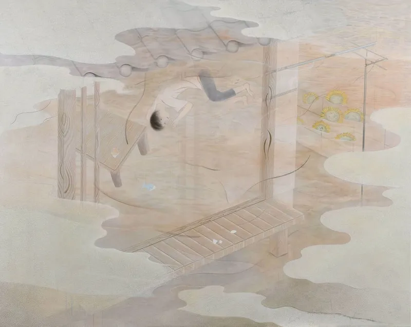 Tomoko Kashiki, Soup of Memories Served with Smiling Sunflowers and Bones, 2020, Acrylic, linen, wooden panel, 181.8 x 227 cm