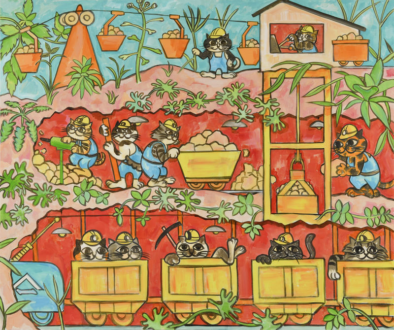 Nobuaki Takekawa, Pit (Cats' Ashio Copper Mine), 2023, Acrylic on canvas, 162 x 194 cm