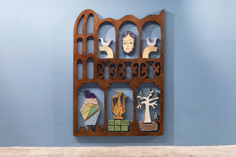 Maryam Yousif. Riverbend I, 2024. Glazed stoneware and birch plywood, wood stain and polyurethane.⁠ 84 x 60 inches.⁠