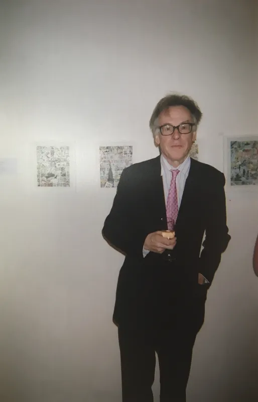 Andrew Barrow at his exhibition opening at the Rebecca Hossack Art Gallery
