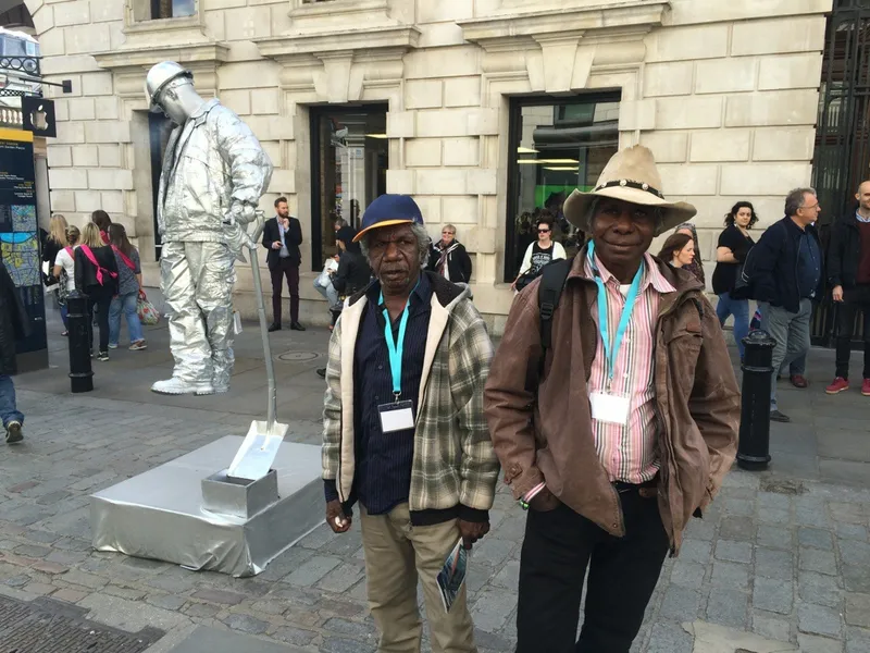 Mervyn Street and David Njuguna exploring London during Jumu: Artists of Fitzroy Crossing