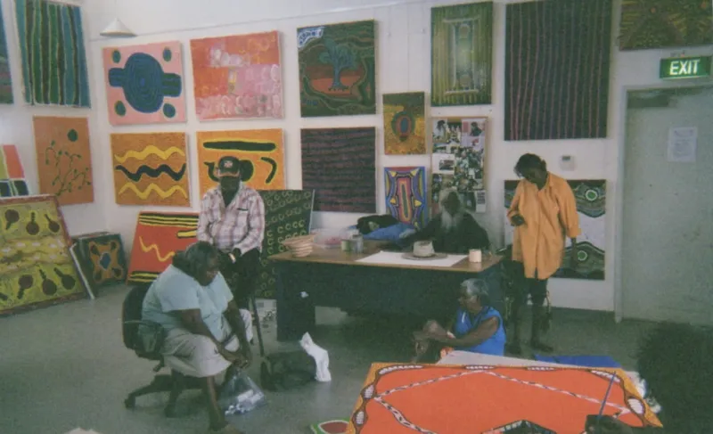 Rebecca Hossack with Aboriginal artists in Kununurra, West Australia