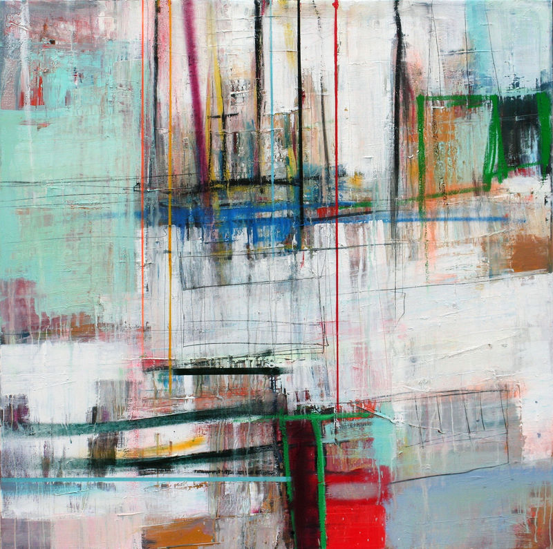 Colorful abstract painting by Morten Lassen during an exhibition at the Rebecca Hossack Art Gallery, featured in Art Zealous