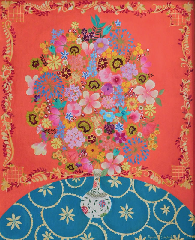 Floral arrangement painting with orange background by Hepzibah Swinford, featured in RakesProgress Magazine