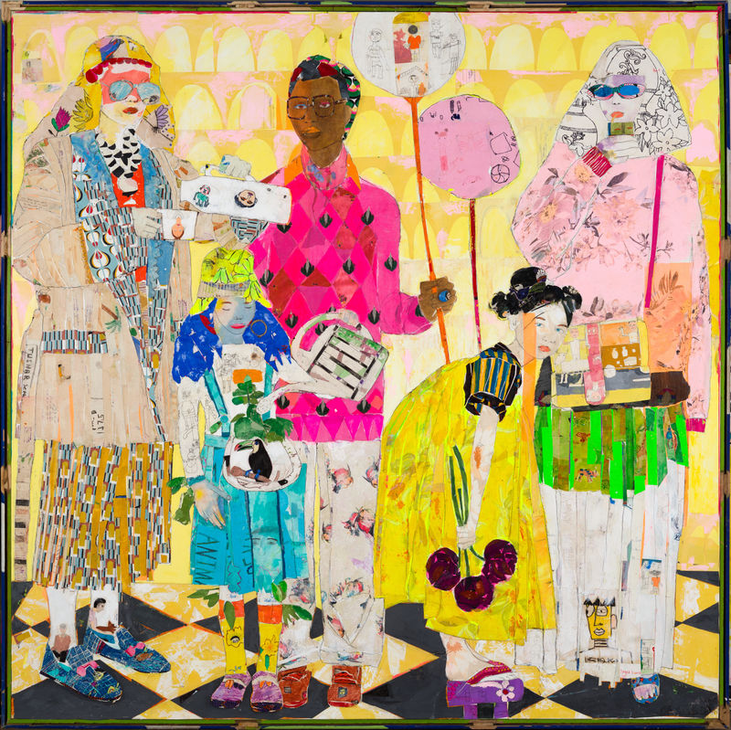 Mersuka Dopazo, Better Together, 2022, mixed media work on canvas showing figures in a group - available to buy at Rebecca Hossack Art Gallery, Fitzrovia and Miami