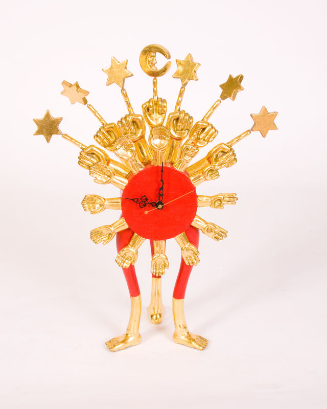 Artwork: Pedro Friedeberg, Clock, 1998, Wood Sculpture, Acrylic and Gold Leaf, 22 x 16 x 8"