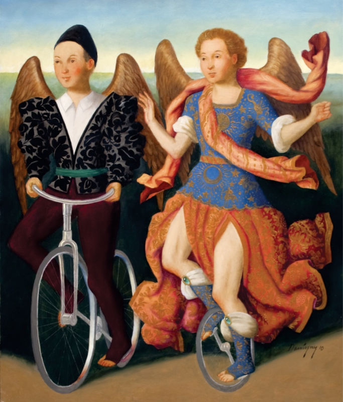 Benjamín Domínguez, Angeles en un Paseo, 2010, Oil on Masonite, 23.5 x 19.8", 59.7 x 50.2