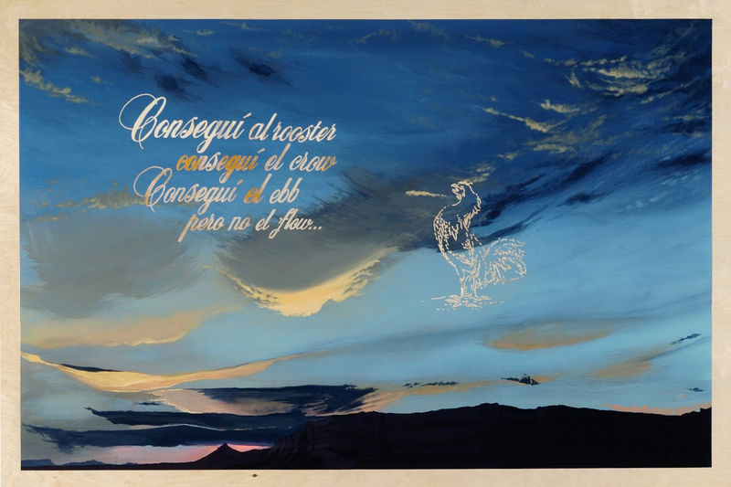 Richard 'Ricky' Armendariz Consegui al rooster, consegui el crow, consegui el ebb pero no el flow..., 2006 Signed and dated on the reverse Oil on carved plywood 48 x 72" 121.9 x 182.8 cm