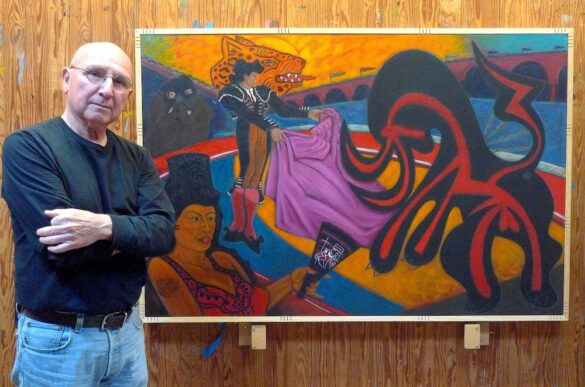 Cesar Martinez in his studio with Toreando El Toro de Picasso with La Malinche, Como “Carmen,” Watching (Messing with Picasso’s Bull with La Malinche, as ‘Carmen,’ Watching), 1988, partially altered 2019, acrylic on canvas, 40 x 60 inches, collection of the artist, photograph by Ruben C. Cordova, 2019