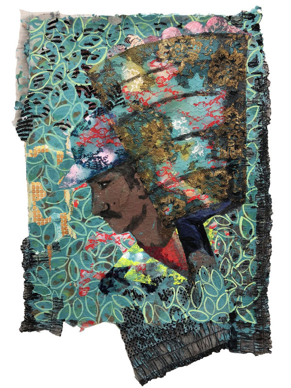 Lina Puerta, “Crop Laborer Green,” 2018, handmade paper composed of pigmented cotton and linen paper pulp, embedded with sequined fabrics, lace, and finished with gouache, 29 x 20 inches