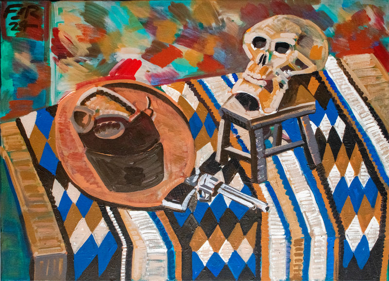 Frank Romero, Pistola y Calavera, 2023-4, Signed and dated top left, Acrylic on canvas, 36 x 48 in., 91.4 x 121.9 cm.