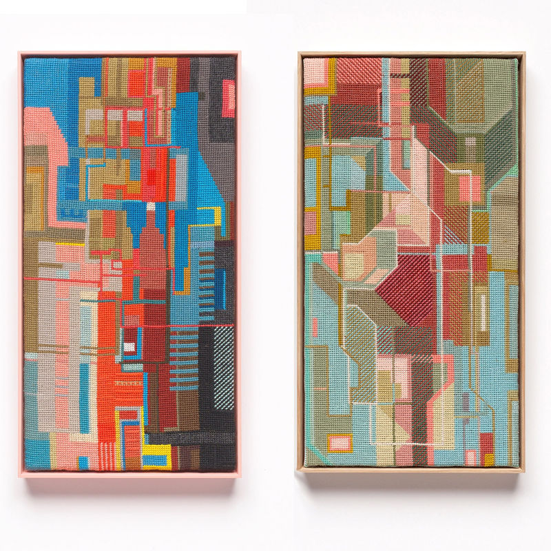 Lisa Young, Untitled No. 3, 2019, wool, cotton canvas, custom Victorian ash wooden frame, beeswax finish 49.5 x 27 cm and Untitled No. 4, 2019, wool, cotton canvas, custom Victorian ash hand painted wooden frame, enamel 50 x 26 cm.Photo: Matthew Stanton