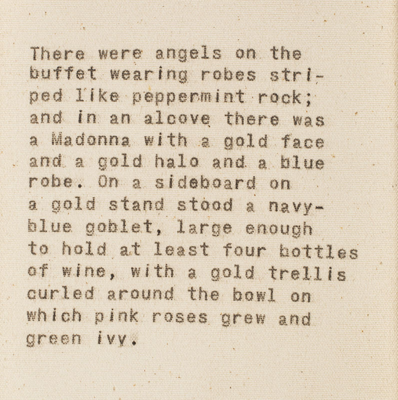 Kate Daw, Voice (G. Greene, 1969), 2009, typed ink on canvas, three parts (detail)