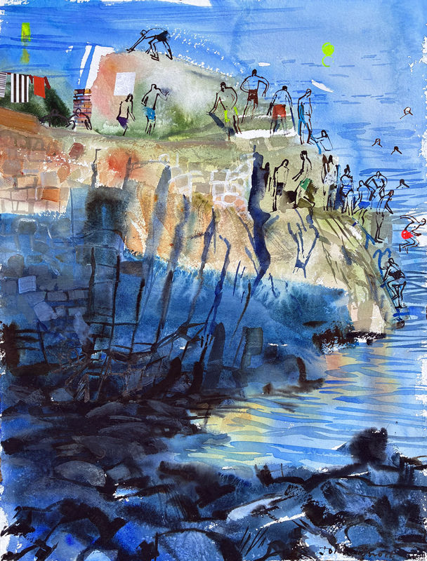 Forty Foot Bathers Jumping, watercolour & inks, 77 x 58cm