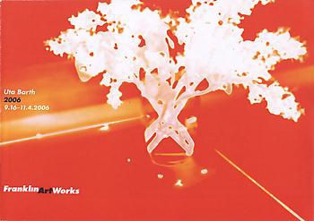 Exhibition catalogue cover for Uta Barth 2006 exhibition. White silhouette of flowers in a glass against a red and orange abstract background. Text: Uta Barth, 2006, 9.16-11.4.2006, Franklin Art Works