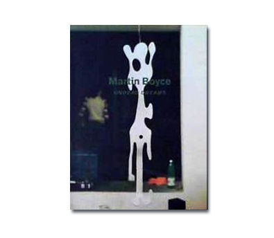 Exhibition catalogue cover of Martin Boyce exhibition "Undead Dreams". White silhouette of tall loopy sculpture and green bottle against dark blue background. Green title text: Martin Boyce, "Undead Dreams"