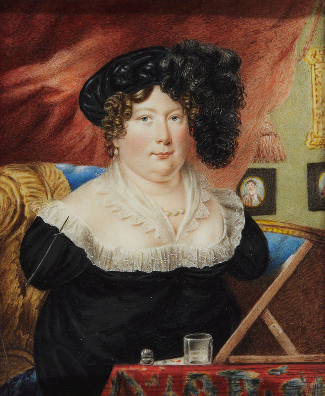SARAH BIFFIN, LATER MRS WRIGHT (1784 – 1850) SELF-PORTRAIT BEFORE HER EASEL, CIRCA 1821 Watercolour and bodycolour on ivory, gilt-wood frame 124 by 103 mm.