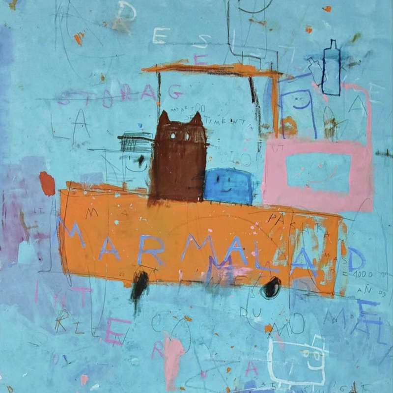 A drawing of a cat in a car by Ivan Montaña, titled Marmalade, is portrayed in a naive style, one of the main trending art styles 2026 is revealing.