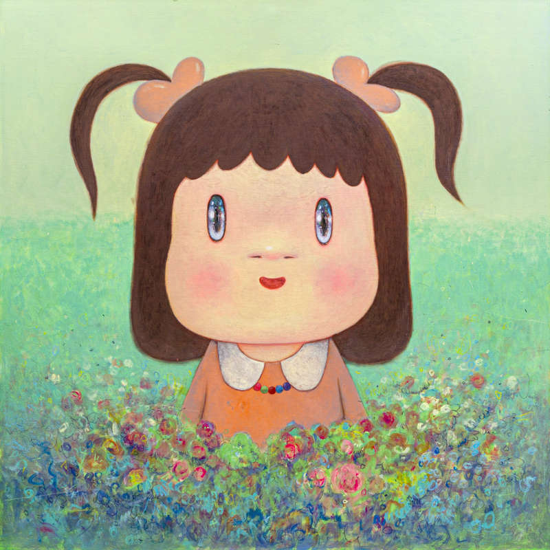 List image: A little girl, painted in the cute kawaii aesthetic sits in a field of flowers in this kawaii artwork by Cheng Zhe, Life Is Colorful