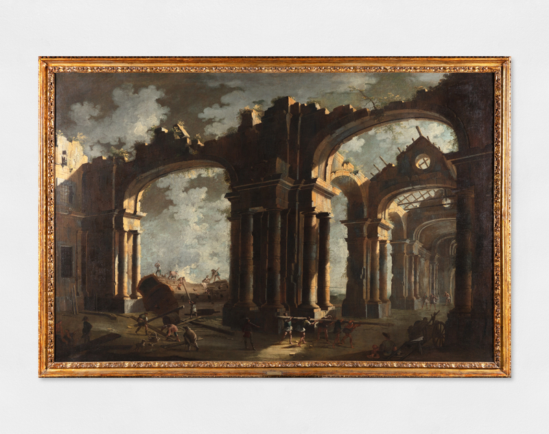 Leonardo Coccorante or Gennaro Greco detto il Mascacotta, Demolizione di un galeone presso un antico portico in rovina, c.1690-1710