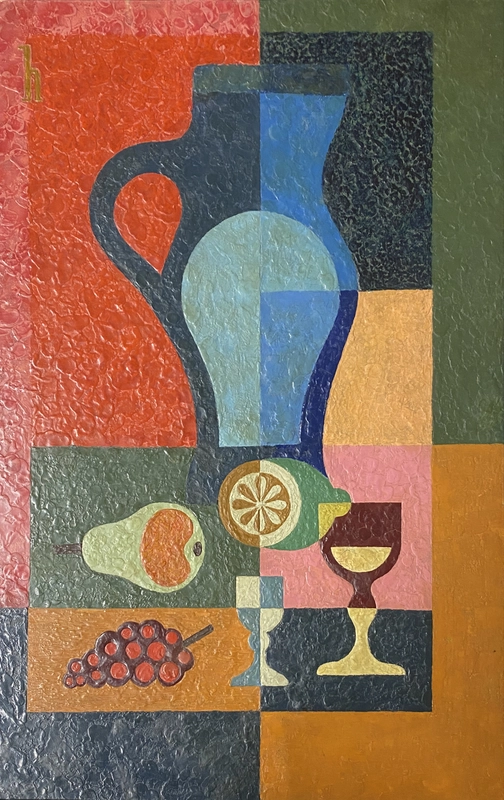 Heinrich Hoerle, Blauer Krug (abstrakt-geometrisches Stilleben) mit im Quadrat verteilten Früchten und Bechern, 1934