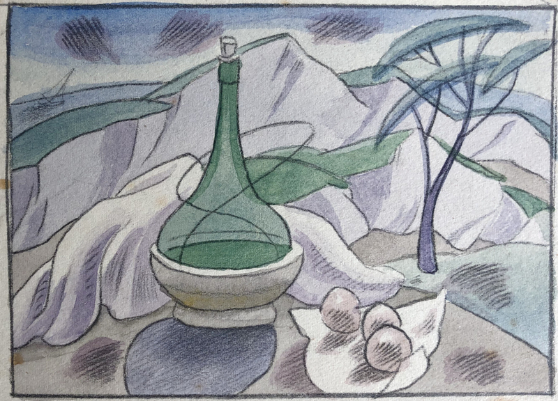Doris Hatt (1890-1969)Still Life with Wine Bottle and Landscape, 1950's