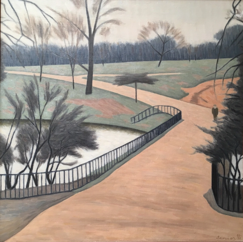 Bryan Senior (b. 1935)Ponds, Path & Figure, Hampstead Heath, 1969
