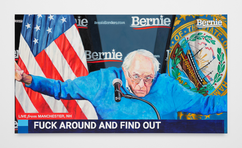 Christine Tien Wang, "Bernie FAFO", 2025, acrylic on canvas, 45 x 80 in (114.3 x 203.2 cm)