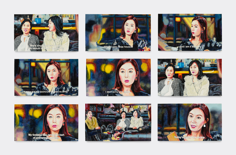 Christine Tien Wang, "K drama r/childfree", 2025, acrylic on canvas, overall dimensions variable, each; 16 1/4 x 28 in (41.3 x 71.1 cm)