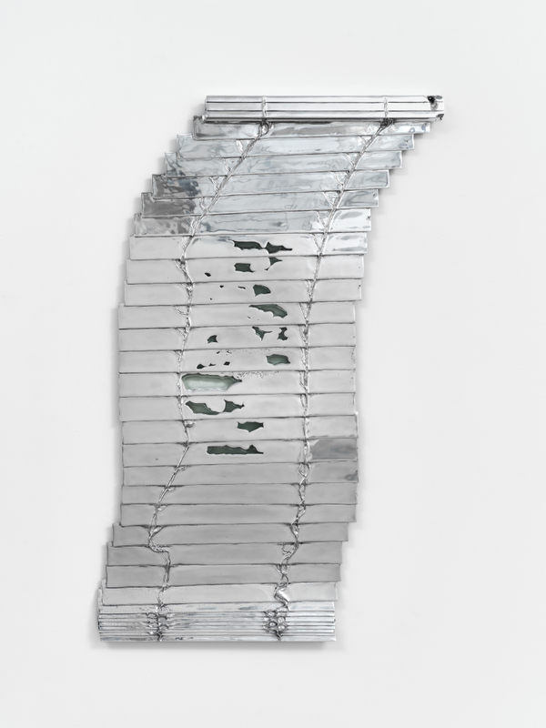 Anne Libby, "Recent Pea Aberration 151.6", 2024, kiln-formed glass, polished cast aluminum, 51 1/2 x 32 x 2 in (130.8 x 81.3 x 5.1 cm)