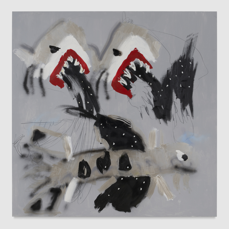 Robert Nava, "Night Sky Ancient Mouths", 2026, oil, acrylic, grease pencil and graphite on canvas, 72 &times; 72 in (182.9 cm &times; 182.9 cm)