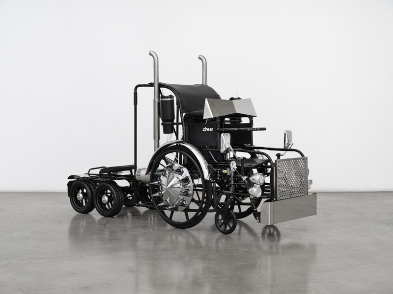 Josh Callaghan, "Big Rig", 2026, wheelchair, grab bars, bicycle parts, hubcap covers, grill pan, smoker tubes, oxygen tanks, oxygen cannulas, thermal mugs, plastic wheels, stainless steel, powder coated steel, 51 x 34 x 85 in (129.5 x 86.4 x 215.9 cm)