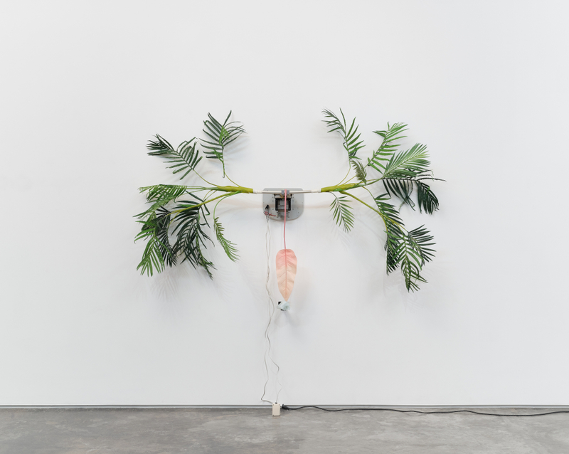 Rachel Youn, "Herald", 2022, chi swing, aluminum, artificial plants, steel, grip tape, slag glass, shelf bracket, 64 x 92 x 12 in (162.6 x 233.7 x 30.5 cm)