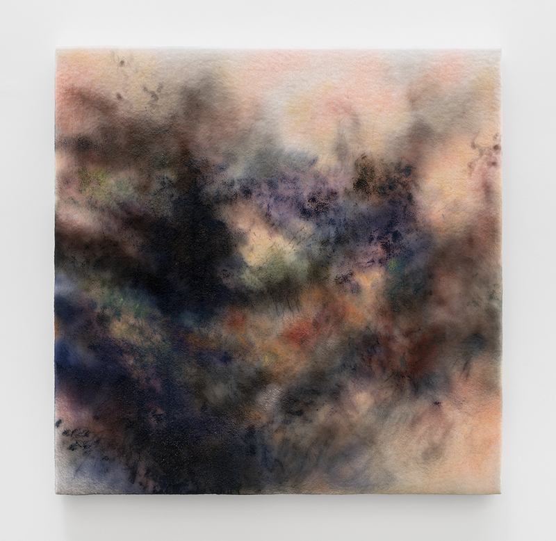 Corinna Gosmaro, "Nesting", 2025, Mixed media on polyester filters, 74 3/8 x 74 in (189 x 188 cm)&nbsp;&copy;Courtesy of Bremond Capela, and the Artist. Photography by Nicolas Brasseur.