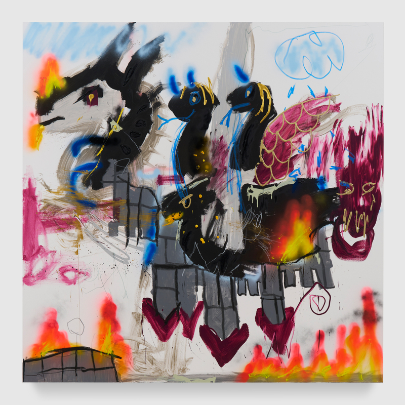 Robert Nava, "Home Equity Beast", 2026, oil, acrylic, grease pencil on polycotton canvas, 72 x 72 in (182.9 x 182.9 cm). Courtesy of PACE Gallery.