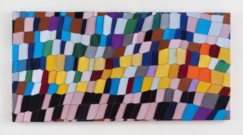 Anthony Olubunmi Akinbola, "Sea Turtle", 2025, durags on panel, 36 x 72 in (91.4 x 182.9 cm)