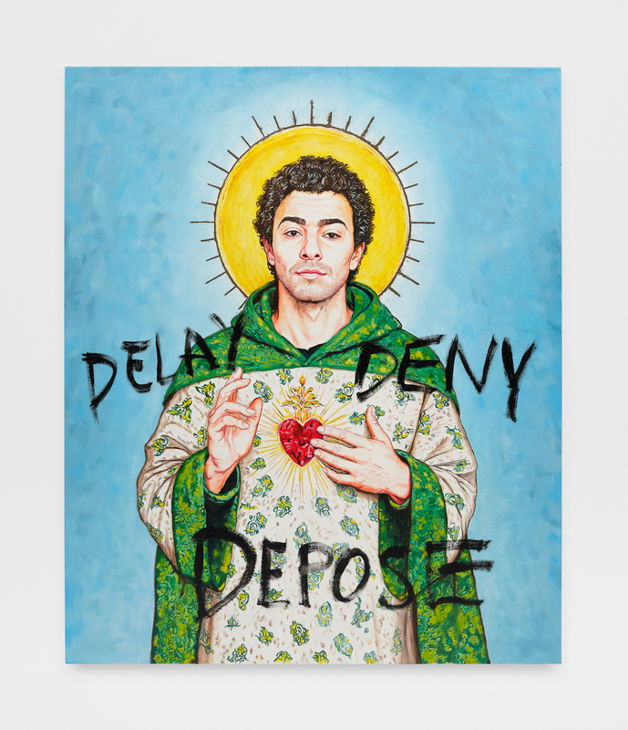 Christine Tien Wang, "AI Luigi Patron St. of Healthcare", 2025, acrylic on canvas, 72 x 60 in (182.9 x 152.4 cm)