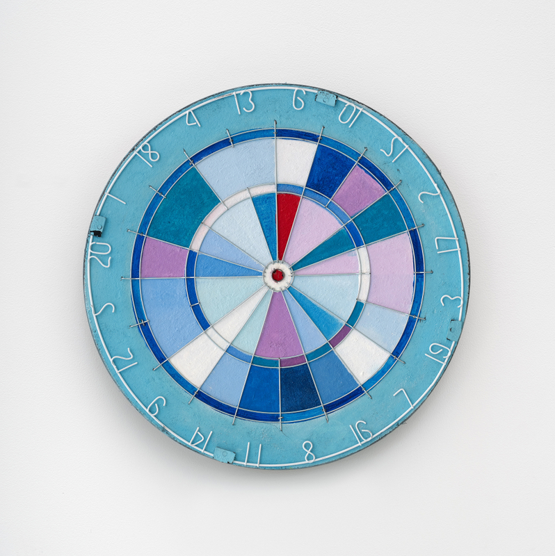 Acacia Marable, "Color Pains #12", 2026, oil and wire on sisal dartboard, 17 1/2 x 17 1/2 x 2 in (44.5 x 44.5 x 5.1 cm)