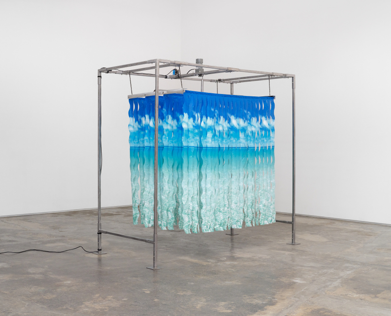 Rachel Youn, "CLEANSE (I&rsquo;ll do it myself)", 2024, steel, aluminum, AC motor, hardware, nylon, UHMW, "escape photo real ocean" PEVA shower curtains , 106 x 106 x 56 1/2 in (269.2 x 269.2 x 143.5 cm)
