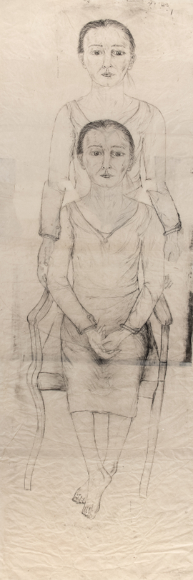 Standing and Seated Girl, 2004&nbsp;&nbsp;&nbsp;  Collage and ink on Nepal paper 84 x 31 inches