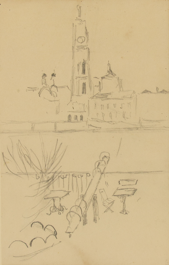 Garden, Antwerp, Looking Toward The Cathedral of Our Lady from across Scheldt River