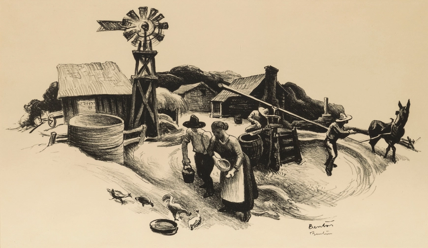 <span class="artist"><strong>Thomas H. Benton</strong></span>, <span class="title"><em>Kansas Farmyard</em>, 1936</span>