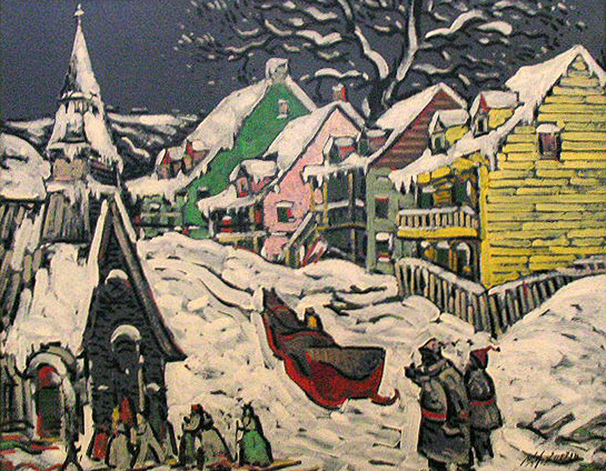 <span class="artist"><strong>Marc-Aurèle Fortin, A.R.C.A.</strong></span>, <span class="title"><em>Village à Québec en hiver</em></span>