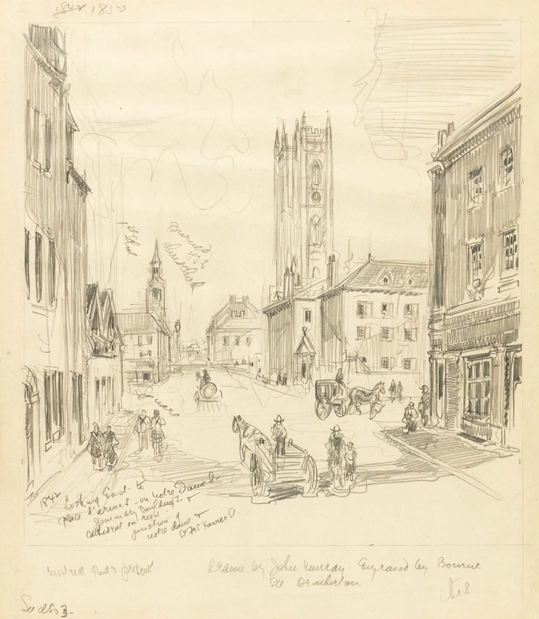 <span class="artist"><strong>Anonymous</strong></span>, <span class="title"><em>Looking East to Place D’Armes on Notre-Dame Street, a 20th century drawing, presumably copied from an engraving of a 19th century scene</em></span>