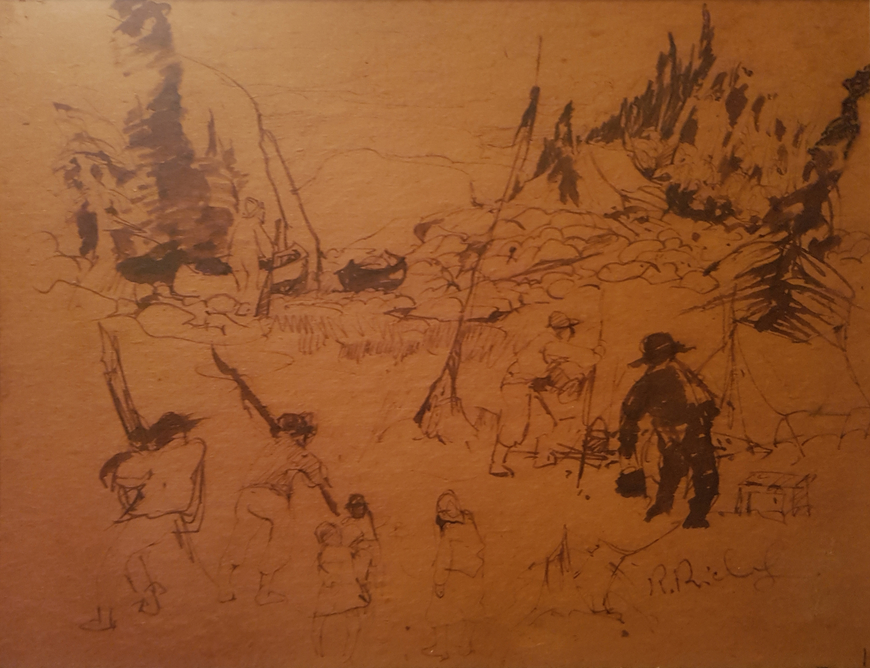 <span class="artist"><strong>René Richard, R.C.A.</strong></span>, <span class="title"><em>Étude de campement</em>, 1951</span>