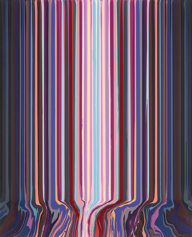 <span class="artist"><strong>Ian Davenport</strong></span>, <span class="title"><em>Mirrored: Black and Pink</em>, 2022</span>
