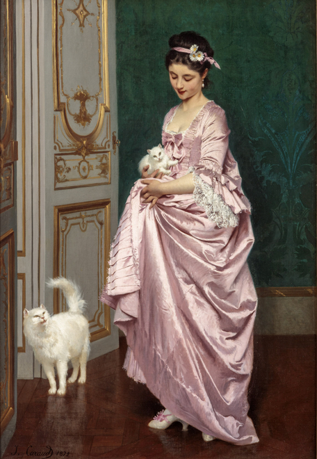 ELEGANT YOUNG WOMAN WITH TWO WHITE CATS