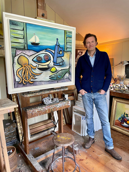 Still life with octopus, urchins, fish and coffee pot